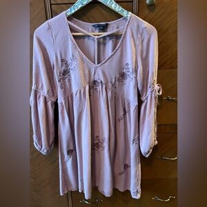 American Eagle Outfitters Mauve Embroidered Tunic split sleeves with ties size S